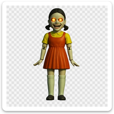 Edit the character to have glowing eyes and sharp teeth to look scary, while keeping the rest of the image exactly the same as the original style and pose. sticker