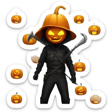 Human female pumpkin hunter with a scythe, glowing pumpkin eyes inside a black helmet, Halloween theme, emoji sticker