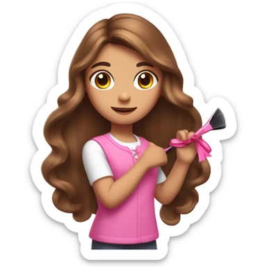 a girl with long brown hair brushing her hair with a pink brush and a pink bow on her hair sticker