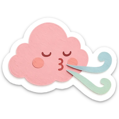 cute pink cloud, blowing gentle pastel wind, soft pastel palette, no arms or legs, full body, paper craft style sticker