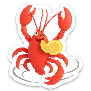 Make the lobster wink while dancing with a lemon in its mouth, spinning in a 360-degree motion, with a transparent background. sticker