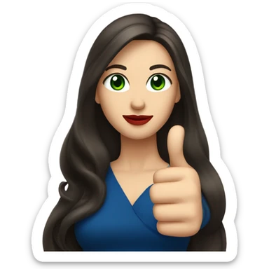 
a brunette with long hair and green eyes, with red lips and in a dark blue dress shows a thumbs up sticker