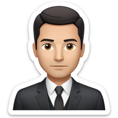 Handsome athletic Hispanic man in his late 40s with tan complexion, short black straight hair combed back with faded sides, square masculine face with defined jawline, neutral-friendly TV presenter expression, black suit jacket worn open with white button-up shirt visible sticker