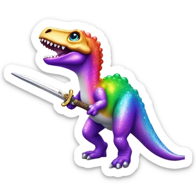 Lisa frank glitter rainbow cute dinosaur with sword and jewels sticker