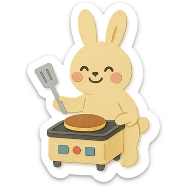 pastel yellow electric grill rabbit cooking a pancake, blushing joyfully, full-body sticker