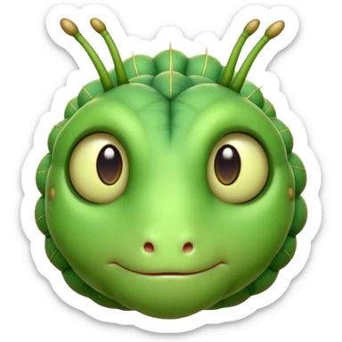 Cinematic Realistic Noble Caterpillar Portrait Emoji, Poised and serene, with a slender, segmented body covered in vivid, detailed green scales accented by subtle natural patterns, and a tiny, focused face with delicate, inquisitive eyes, rendered with lifelike texture and soft natural lighting, high shine, intelligent and delicate, styled with an air of woodland elegance, focused and attentive, soft glowing outline, capturing the essence of a watchful and confident looper caterpillar that appears ready to inch gracefully out of the screen with natural authority! sticker