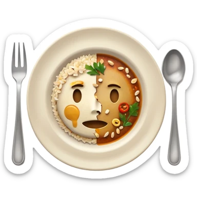 3D emoji of a dirty plate after eating, leftover food scraps, vegetable pieces, rice grains, sauce stains on the plate, fork and spoon placed beside the plate, no face, no character, no human features, realistic food leftovers, clean and simple background, soft lighting, high quality, emoji style sticker