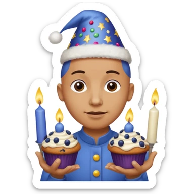 Blueberry Muffin celebrating birthday. Make sure it actually looks like a muffin with candles. Somebody holding it with party hat and bald sticker