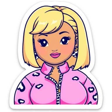 Nicki Minaj wearing pink and white leopard print outfit with half blonde half pink hairstyle with bangs sticker