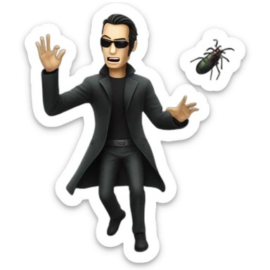 the matrix debugging maniac going crazy holding up a bugs sticker