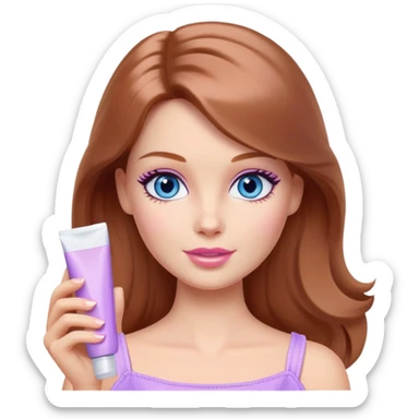 Barbie girl Chestnut Shoulder-length hair and blue eyes is In pale purple applying cream on face sticker