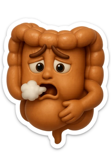 emoji stile iphone di un intestino che ingoia una nuvoletta di aria ben visibile e gli si gonfia la pancia, iperrealistico 4k sticker