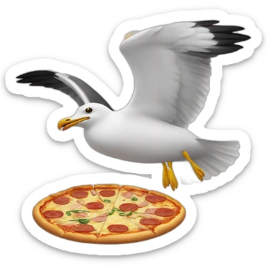 Flying seagull with pizza slice in beak sticker