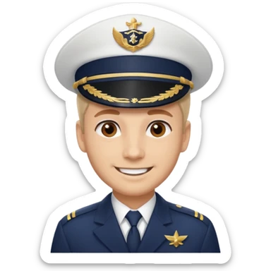 A light-skinned man with brown eyes, smiling while wearing a white captain’s hat with a navy emblem. sticker