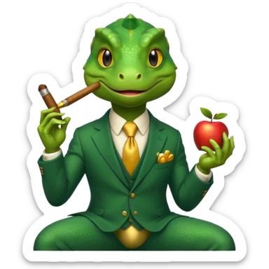 lizard in a business suit with a sly expression, holding a cigar, sitting on gold coins, apple emoji style, no text sticker