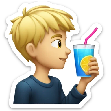 A blonde boy sucking juice with a straw while his hand is holding the drink, profile view sticker