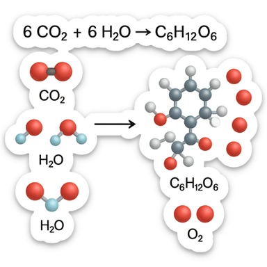 A highly scientific, molecular-level illustration of the chemical equation for photosynthesis, showing molecules of CO2, H2O, O2, and glucose, with clear scientific labeling, no background, transparent background sticker