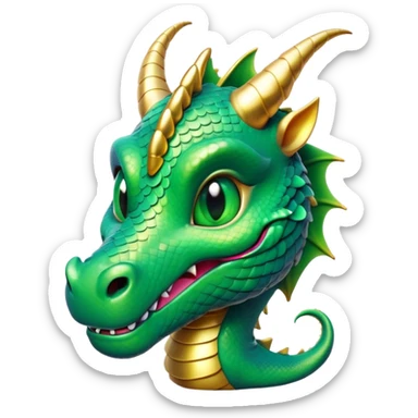 Cinematic Cute Dragon Portrait Emoji, Head tilted playfully and inquisitively, featuring a sleek, serpentine form adorned with iridescent scales that shift between emerald and gold, a delicate set of subtle horns, and round, sparkling eyes full of curious magic; rendered with realistic detail and warm natural light, high shine, affectionate and enchanting, styled with a touch of whimsical fantasy, soft glowing outline, capturing the essence of a mischievous yet lovable dragon that seems poised to slither playfully into your arms! sticker