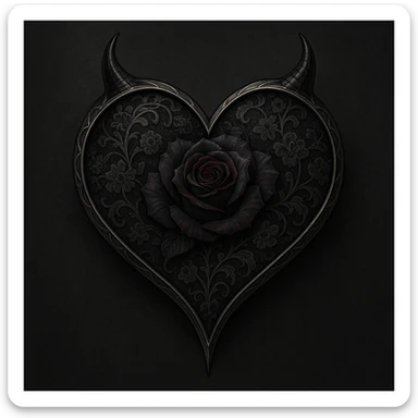 Create a gothic devil heart featuring lace patterns, silver accents, and a dark rose motif. The overall style should be elegant and haunting. sticker