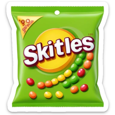 Extremely simple Skittles package design with only green candies, minimalist style sticker