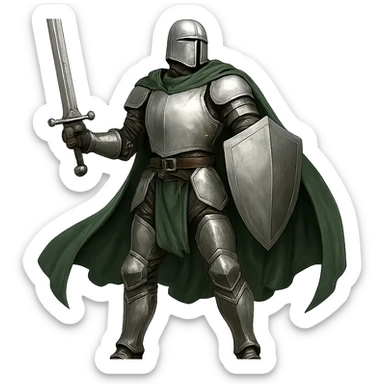 full body warrior in silver armor with a green cape, heroic pose sticker