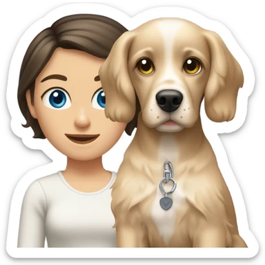 brunette girl short hair blue eyes  with blonde cocker spaniel sticker