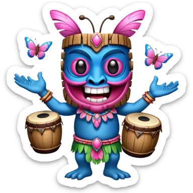 Cartoon Blue and pink tiki singing with butterfly and bongos sticker