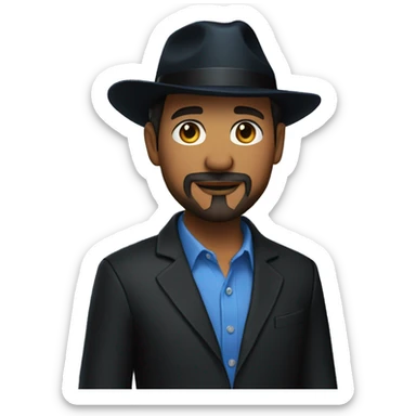 Man in blue button down shirt, goatee, black blazer, black fedora sticker