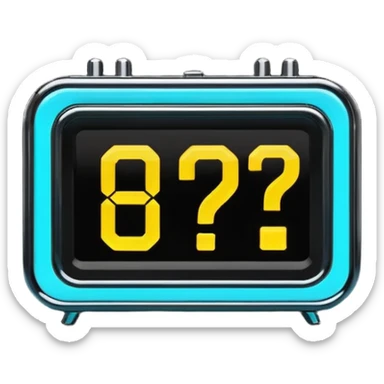 rectangular digital alarm clock with a question mark where the time would usually be sticker