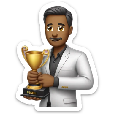 television game show host, lost in thought, holding a trophy sticker