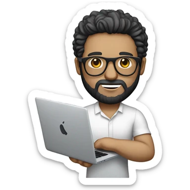 Emoji man with beard holding macbook in hands wearing versace glasses and shirt, profession - graphic designer. Features: white skin, full body type, dark hair, earring in left ear, dark white skin sticker