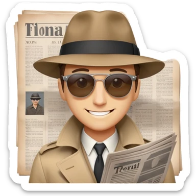 secret agent peeking over newspaper, only sunglasses and smile visible, fedora and trench coat, minimal expressive emoji look, clean lines, bright colors, plain or subtle street background sticker