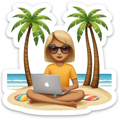 A gender-neutral person sitting with a laptop on the beach. A palm tree nearby, sun and sea in the background. Relaxed, summery atmosphere. Simplified shapes, no detailed facial features, clean emoji-like design. sticker