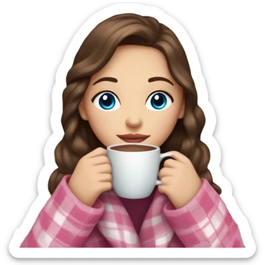 Girl with brown hair and blue eyes sipping on a hot chocolate wrapped in a pink plaid blanket  sticker