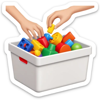 hands placing colorful toys into a storage bin, simple and friendly sticker