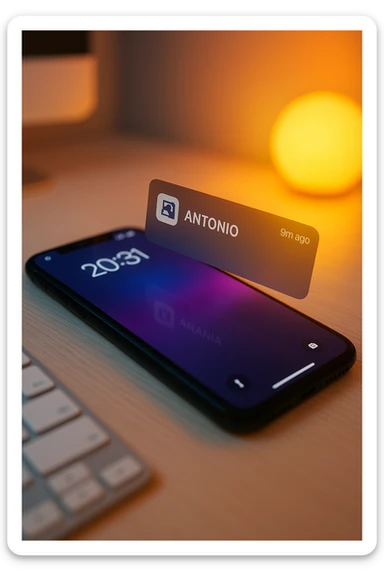 A photo of an iPhone with the message "Antonio Anania" on its scree, both surrounded by soft light and shadow. The phone sits atop a desk with a blurred background that suggests work environment. A faint glow from above casts gentle shadows across the surface of each object, creating depth and highlighting their textures. sticker