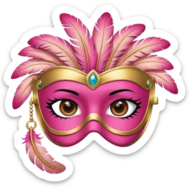 masquerade Pink eye mask with gold trim and small side feather. sticker