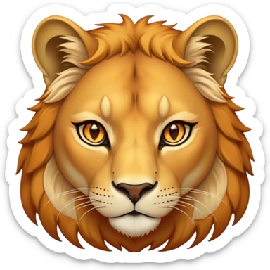 Cinematic Noble Lioness Portrait Emoji, Poised and regal, with a graceful, athletic build and a sleek, tawny Fur, piercing soulful amber eyes, Simplified yet sharp and sophisticated features, highly detailed, glowing with a warm, dignified glow, high shine, intelligent and fierce, stylized with an air of wild elegance, focused and attentive, soft glowing outline, capturing the essence of a watchful and confident lioness, so majestic it feels as though it could silently prowl out of the screen with effortless authority! sticker