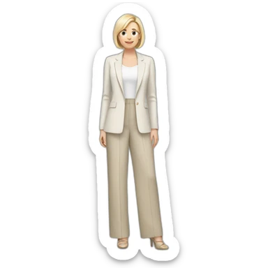 Full height Actively gesturing with hands pale skin woman with ash blonde Straightened bob Hair, White Spacious classical jacket, beige palazzo Arrow pants and gray blouse sticker