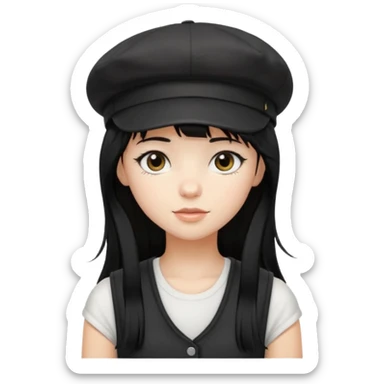 pinterst girl with heavy bang, black long hair and black newsboy cap on her hat, wearing white sleeveless  sticker