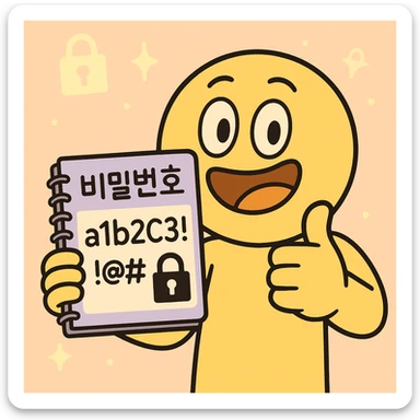 cheerful emoticon character with a notebook labeled '비밀번호' in Korean, showing strong password 'a1b2C3!@#' and lock icon, character giving thumbs-up, glowing lock icons in pastel background, flat, bright, cartoon style, 360x360px, PNG sticker