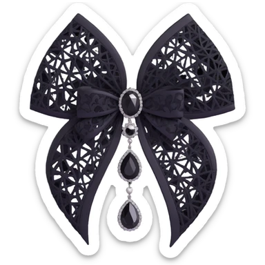 3D emoji gothic bow, white silk, silver spiderweb brooch, black lace overlay, black feather accents, single black teardrop gem sticker