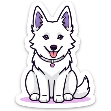 white Swiss Shepherd dog with a Glitter collar . Above the dog a lettering with the word "Fussel" sticker