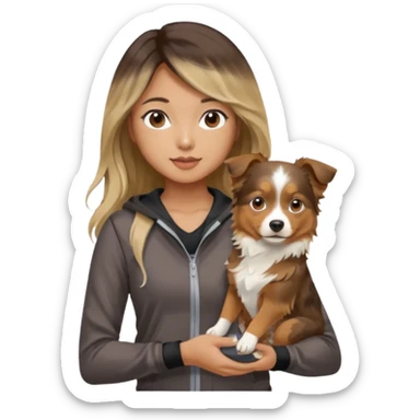 An Asian lady with long balayage hair with blonde highlights, in a brown gym outfit, holding a mini Australian shepherd  sticker