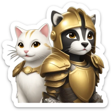 a smiling badger beside a white female cat who is wearing a golden light armour also smiling sticker