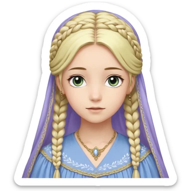 Joven de unos 20 años, de aspecto dulce y elegante.
Piel clara, ojos (pueden ser azules o verdes)
Rubio o castaño claro, largo, con trenzas o velo.
Vestido largo de tonos suaves (blanco, azul o lavanda), con bordados dorados; un manto o toca fina cubriendo la cabeza. Todo el cuerpo sticker