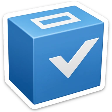 Blue box with a white check mark in the middle of the blue box that is a little bit tilted to the right and its 2d sticker