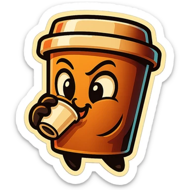 Tall coffee cup, intrigued, mischievous, drinking coffee, looking sideways sticker