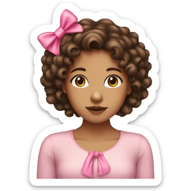 Tan girl with brown eyes dark brown curly hair and a pink bow sticker