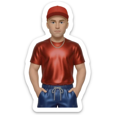 Fred Durst with blonde short hair, red cap, red metallic T-shirt, navy blue metallic baggy pants, silver necklace sticker